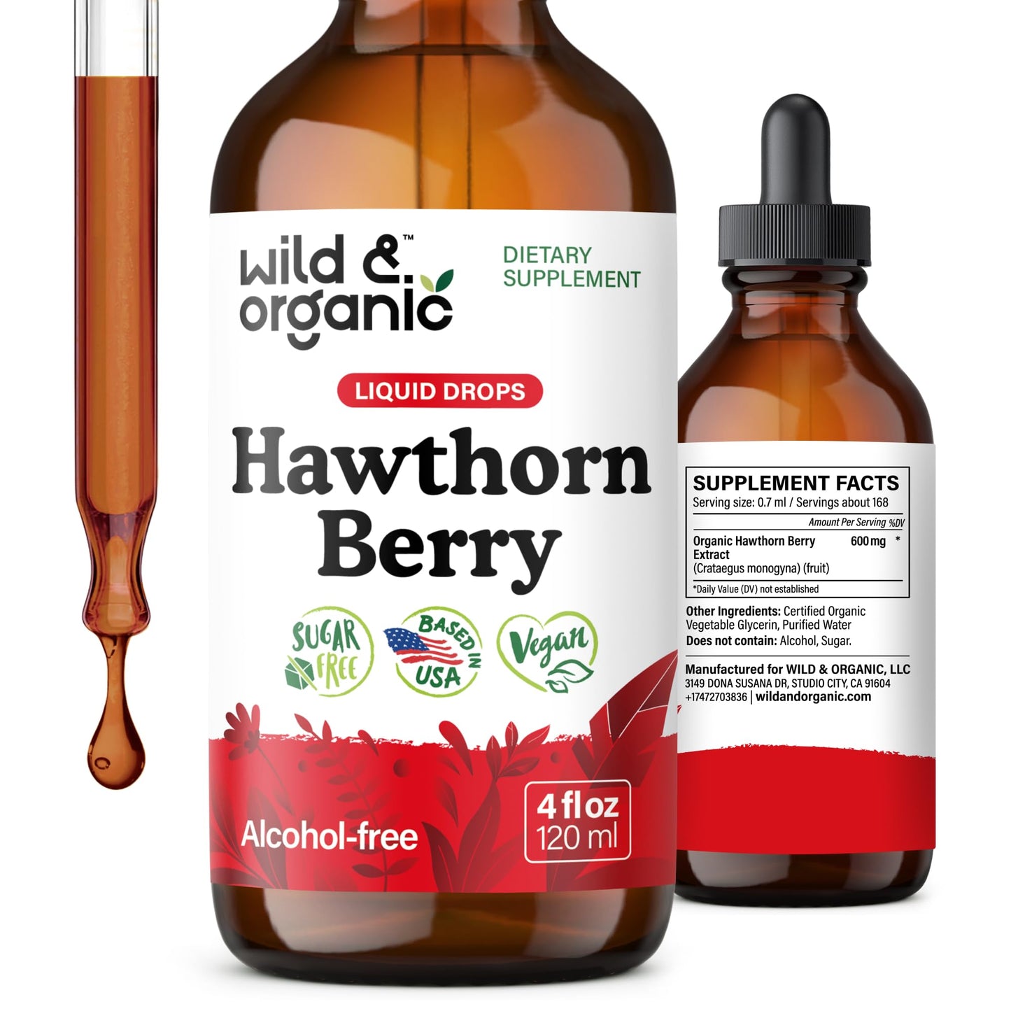 Wild & Organic Hawthorn Berry Tincture 600 mg – Vegan, Alcohol-Free Liquid Drops, 4 fl oz