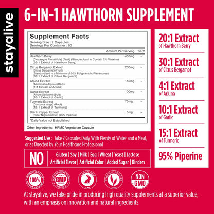 STAY ALIVE Hawthorn Berry Capsules 20:1 Extract – 6-in-1 Antioxidant, 120 Vegan Pills