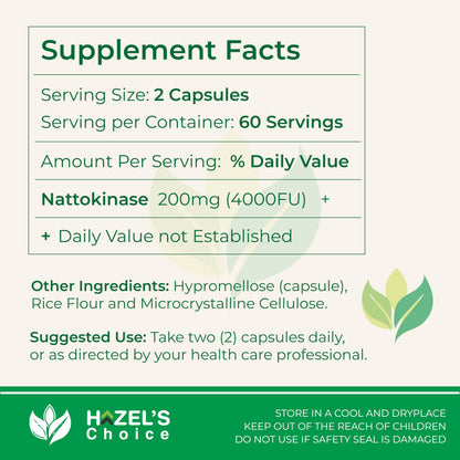 Hazel's Choice Nattokinase 4000 FU – 120 Capsules | 200 mg per Capsule | Non-GMO & Gluten-Free