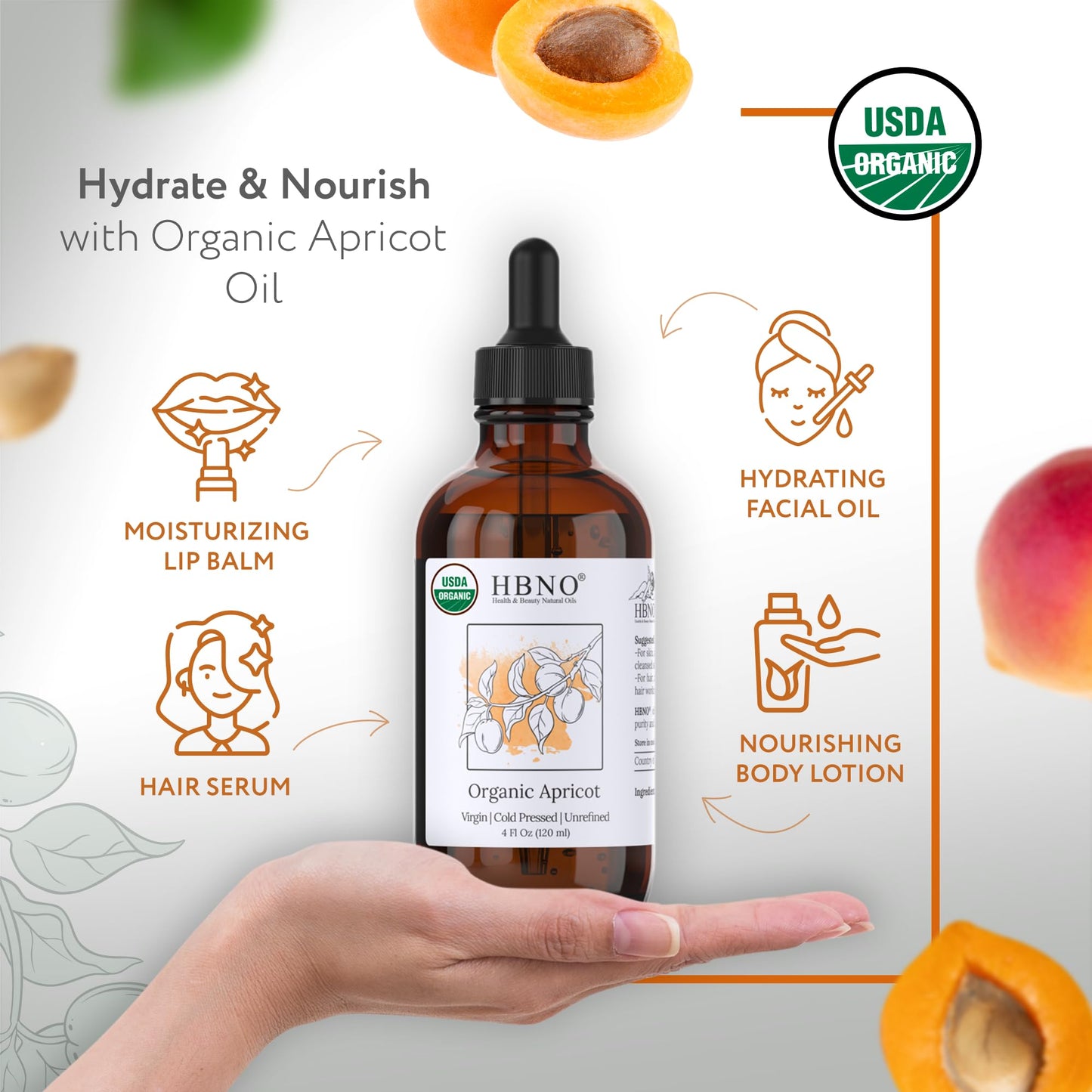 HBNO Organic Virgin Apricot Oil - 4 oz (120 ml) Value Size for Shampoos, Conditioners, Lip Balms, Face Wash, Lotions & Skin Care