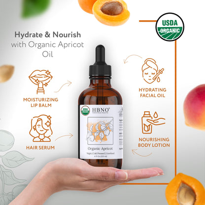 HBNO Organic Virgin Apricot Oil - 4 oz (120 ml) Value Size for Shampoos, Conditioners, Lip Balms, Face Wash, Lotions & Skin Care
