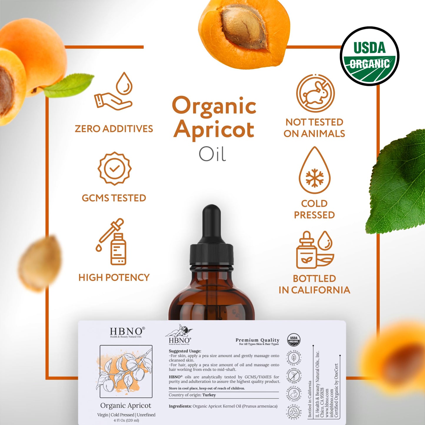 HBNO Organic Virgin Apricot Oil - 4 oz (120 ml) Value Size for Shampoos, Conditioners, Lip Balms, Face Wash, Lotions & Skin Care