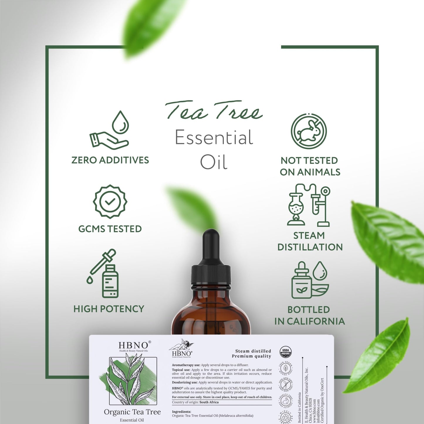 HBNO California Organic Tea Tree Oil for Skin & Hair - 4 fl oz (120 ml) | USDA Certified Organic