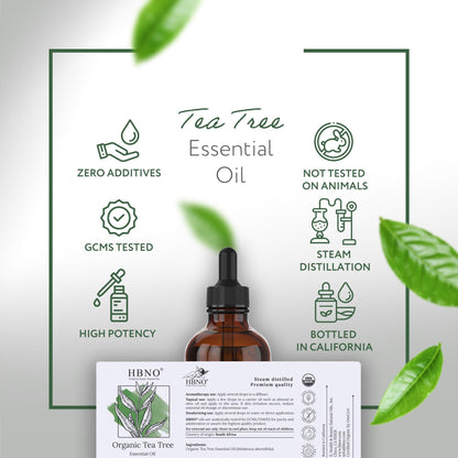 HBNO California Organic Tea Tree Oil for Skin & Hair - 4 fl oz (120 ml) | USDA Certified Organic