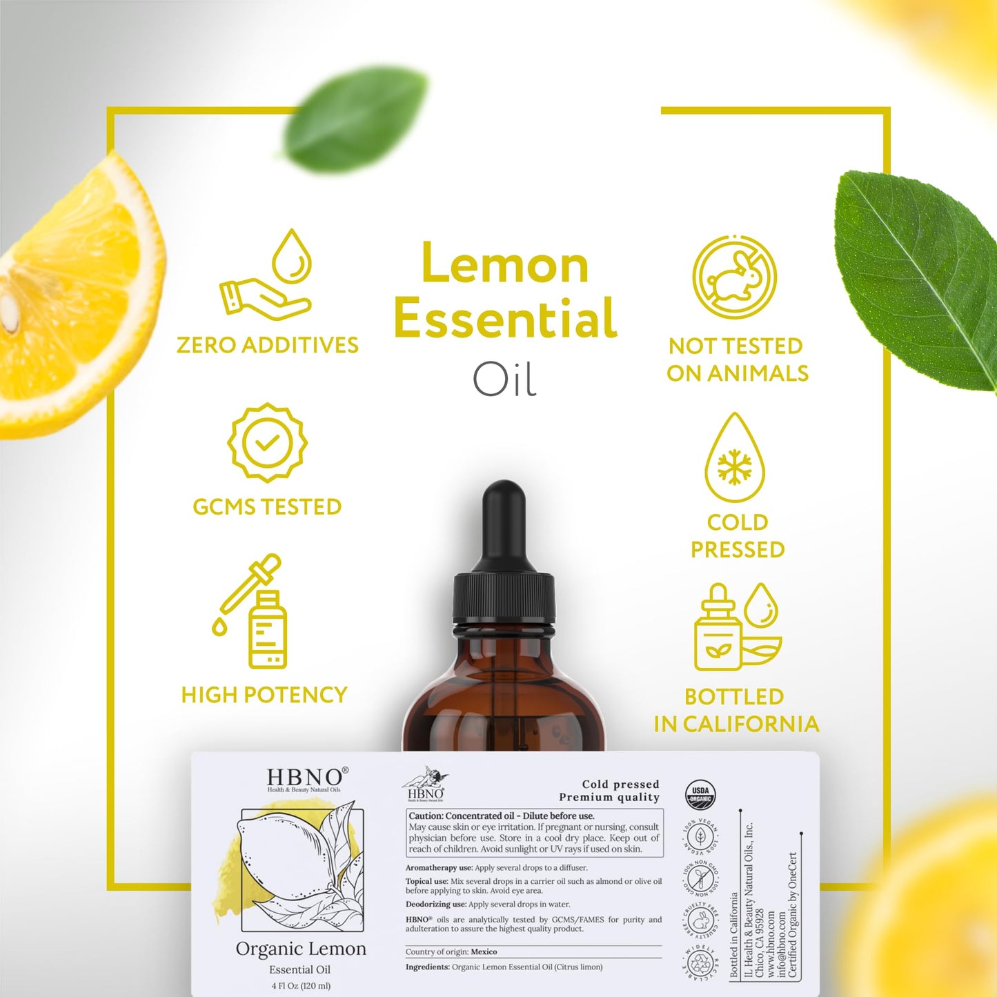 HBNO California Bottled Lemon Essential Oil 4 oz (120 ml) - Premium Grade, Cold-Pressed, Ideal for Cleaning