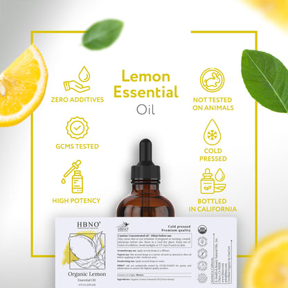 HBNO California Bottled Lemon Essential Oil 4 oz (120 ml) - Premium Grade, Cold-Pressed, Ideal for Cleaning