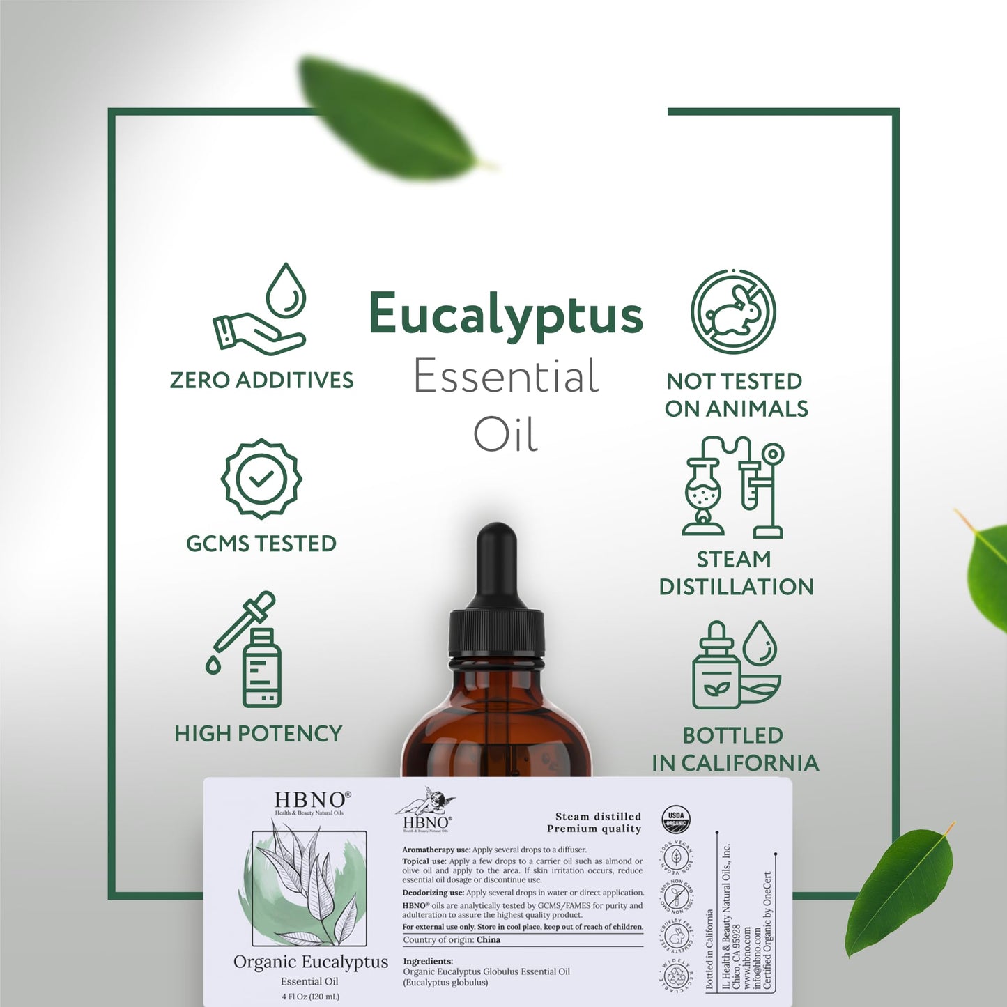 HBNO California Bottled Organic Eucalyptus Essential Oil (Globulus) - 4 fl oz (120ml) - USDA Certified Organic - Ideal for Diffuser, Hair, Face, Skin Care, Aromatherapy, Scalp & Body Massage