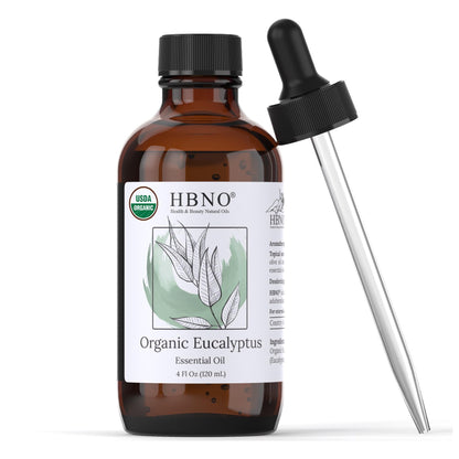HBNO California Bottled Organic Eucalyptus Essential Oil (Globulus) - 4 fl oz (120ml) - USDA Certified Organic - Ideal for Diffuser, Hair, Face, Skin Care, Aromatherapy, Scalp & Body Massage
