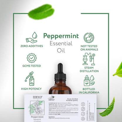 HBNO California Peppermint Essential Oil 4 fl oz (120 ml) – Premium Grade, Natural Peppermint Oil for Hair, Skin & Scalp Care | Diffusers, Massage & Aromatherapy