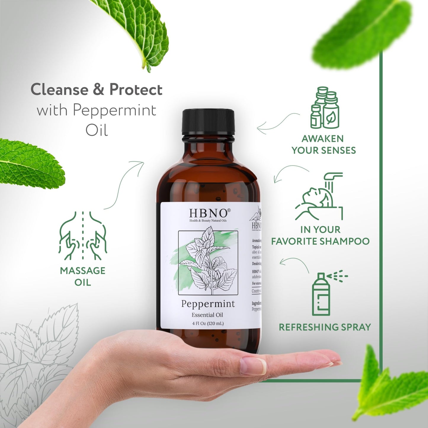 HBNO California Peppermint Essential Oil 4 fl oz (120 ml) – Premium Grade, Natural Peppermint Oil for Hair, Skin & Scalp Care | Diffusers, Massage & Aromatherapy
