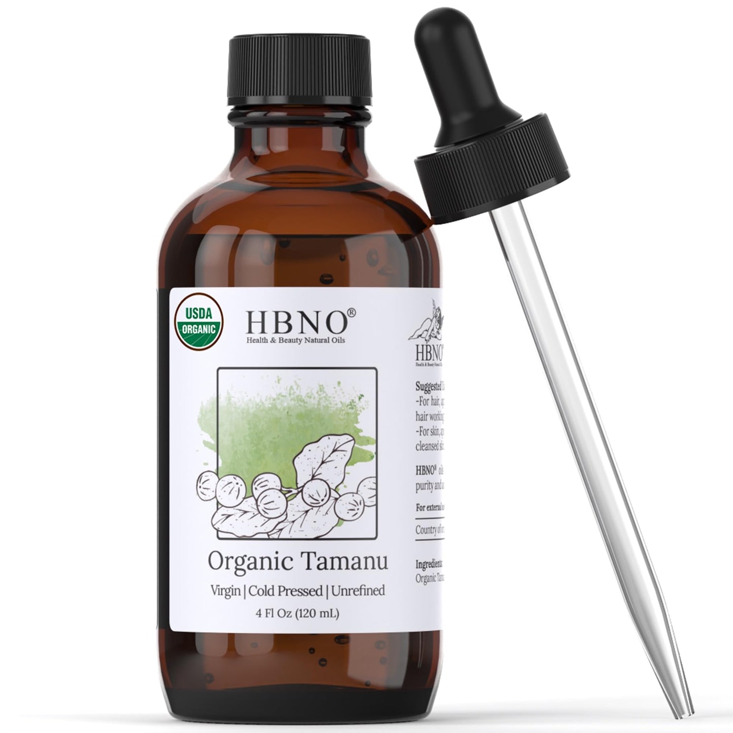 HBNO California Bottled Organic Tamanu Oil 4 oz (120ml) – USDA Certified Organic, Cold-Pressed Carrier Oil
