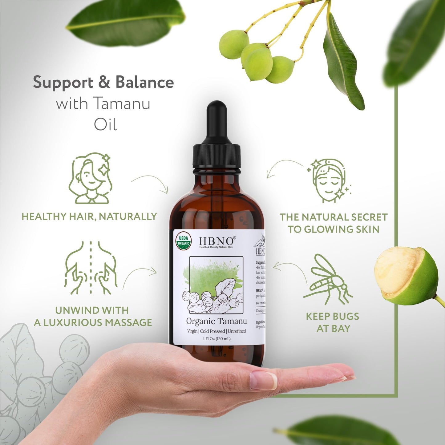 HBNO California Bottled Organic Tamanu Oil 4 oz (120ml) – USDA Certified Organic, Cold-Pressed Carrier Oil