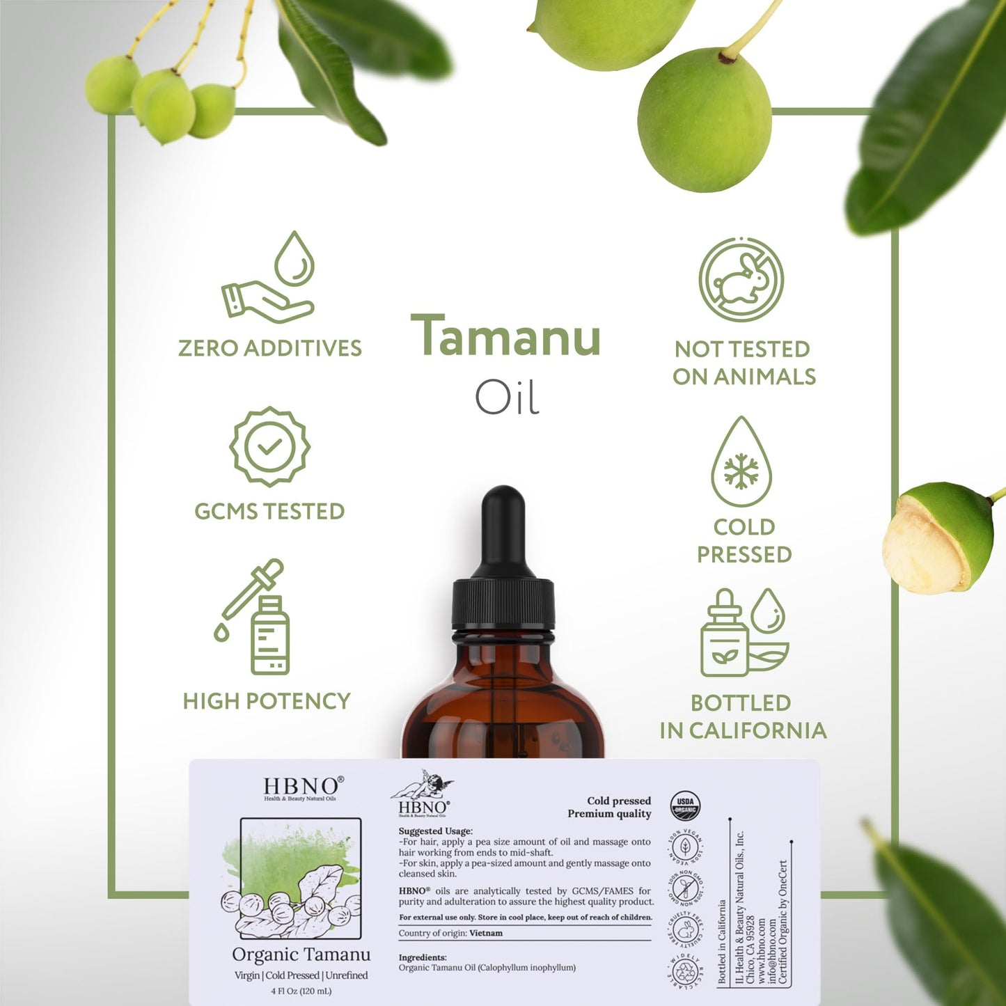 HBNO California Bottled Organic Tamanu Oil 4 oz (120ml) – USDA Certified Organic, Cold-Pressed Carrier Oil