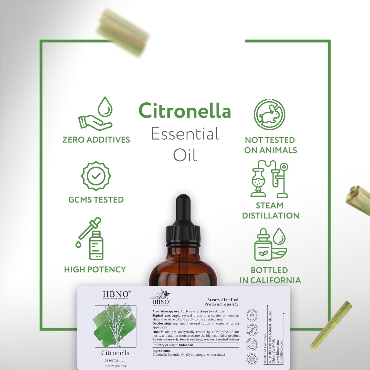 HBNO California Bottled Citronella Essential Oil 4 fl oz (120ml) - Natural Citronella Oil - Perfect for Cleaning, Aromatherapy, DIY, Soap & Diffuser