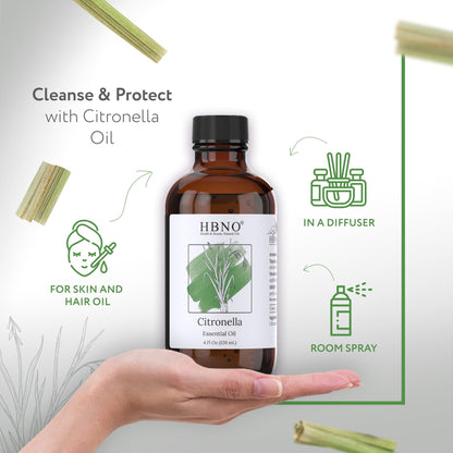 HBNO California Bottled Citronella Essential Oil 4 fl oz (120ml) - Natural Citronella Oil - Perfect for Cleaning, Aromatherapy, DIY, Soap & Diffuser