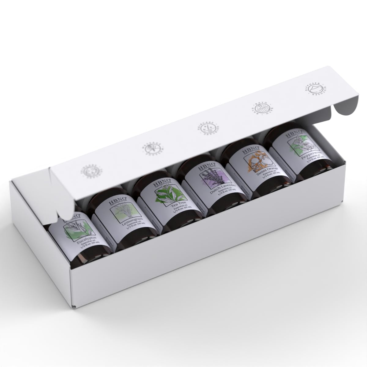 HBNO Essential Oils Set (10ml) - Top 6 Oils for Aromatherapy, DIY Skincare & More | Lavender, Eucalyptus, Tea Tree, Peppermint, Orange, Lemongrass
