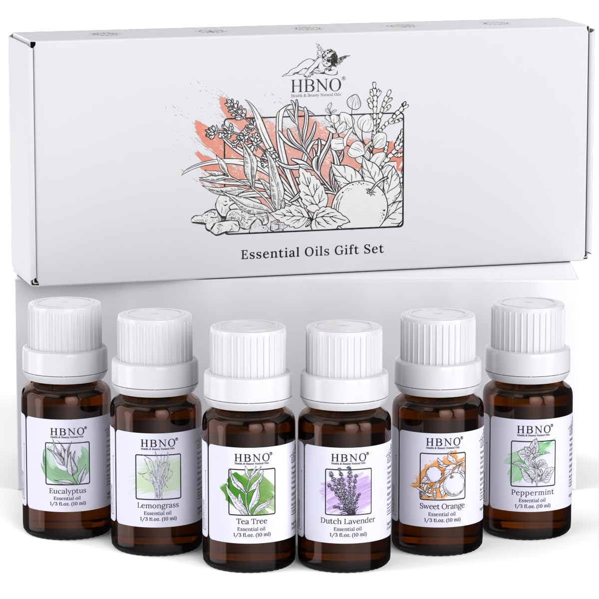 HBNO Essential Oils Set (10ml) - Top 6 Oils for Aromatherapy, DIY Skincare & More | Lavender, Eucalyptus, Tea Tree, Peppermint, Orange, Lemongrass