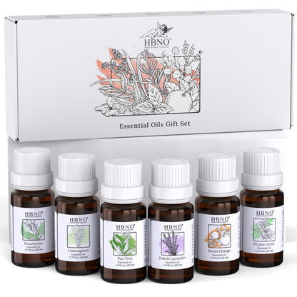 HBNO Essential Oils Set (10ml) - Top 6 Oils for Aromatherapy, DIY Skincare & More | Lavender, Eucalyptus, Tea Tree, Peppermint, Orange, Lemongrass