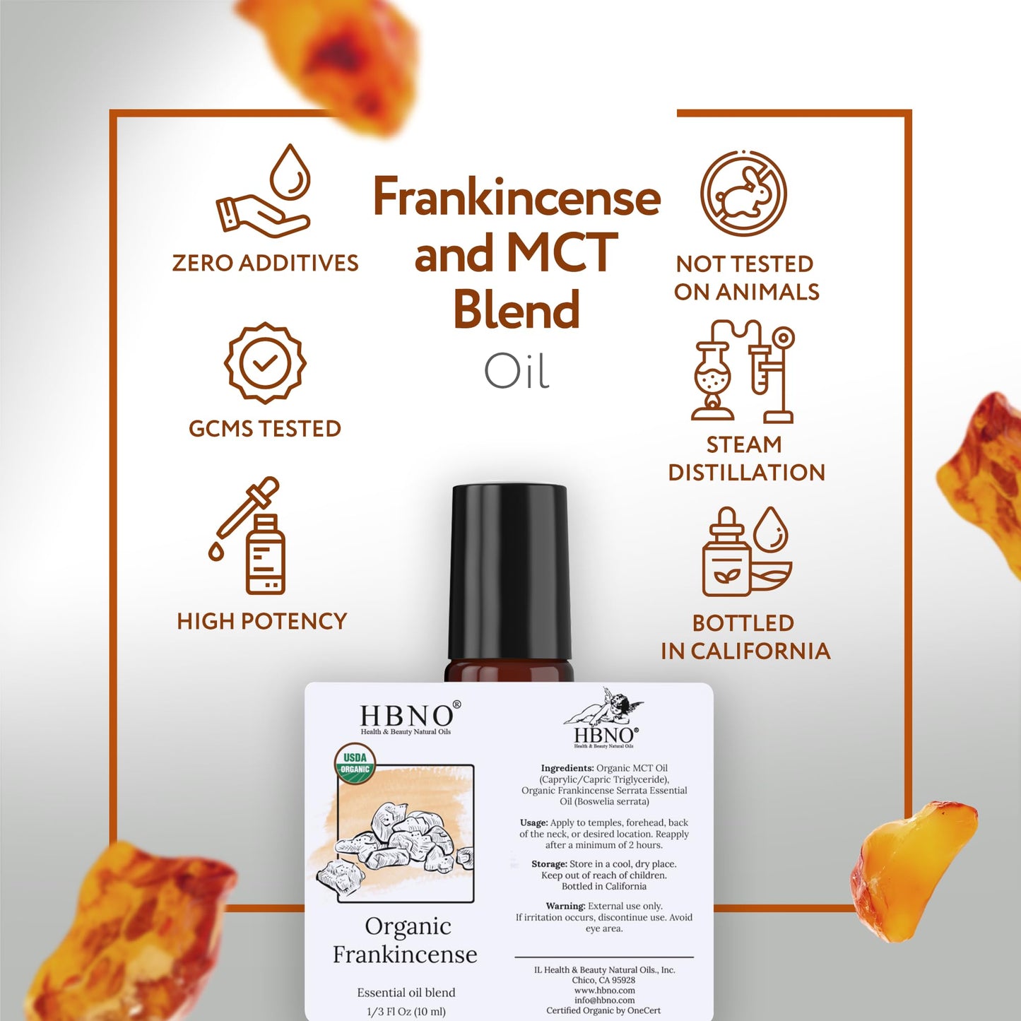 HBNO Organic Frankincense Roll-On - 10 ml Travel Size, USDA Organic, MCT Oils