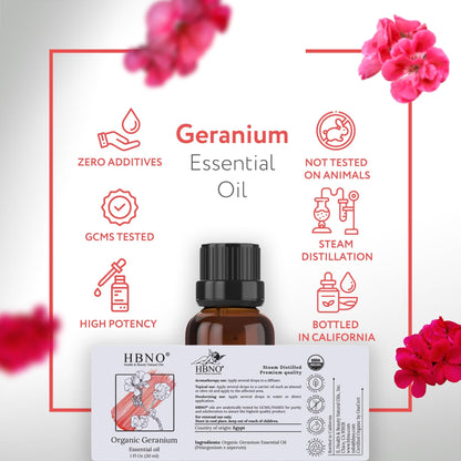 HBNO Organic Geranium Essential Oil - 1 oz (30 ml) | USDA Certified Organic