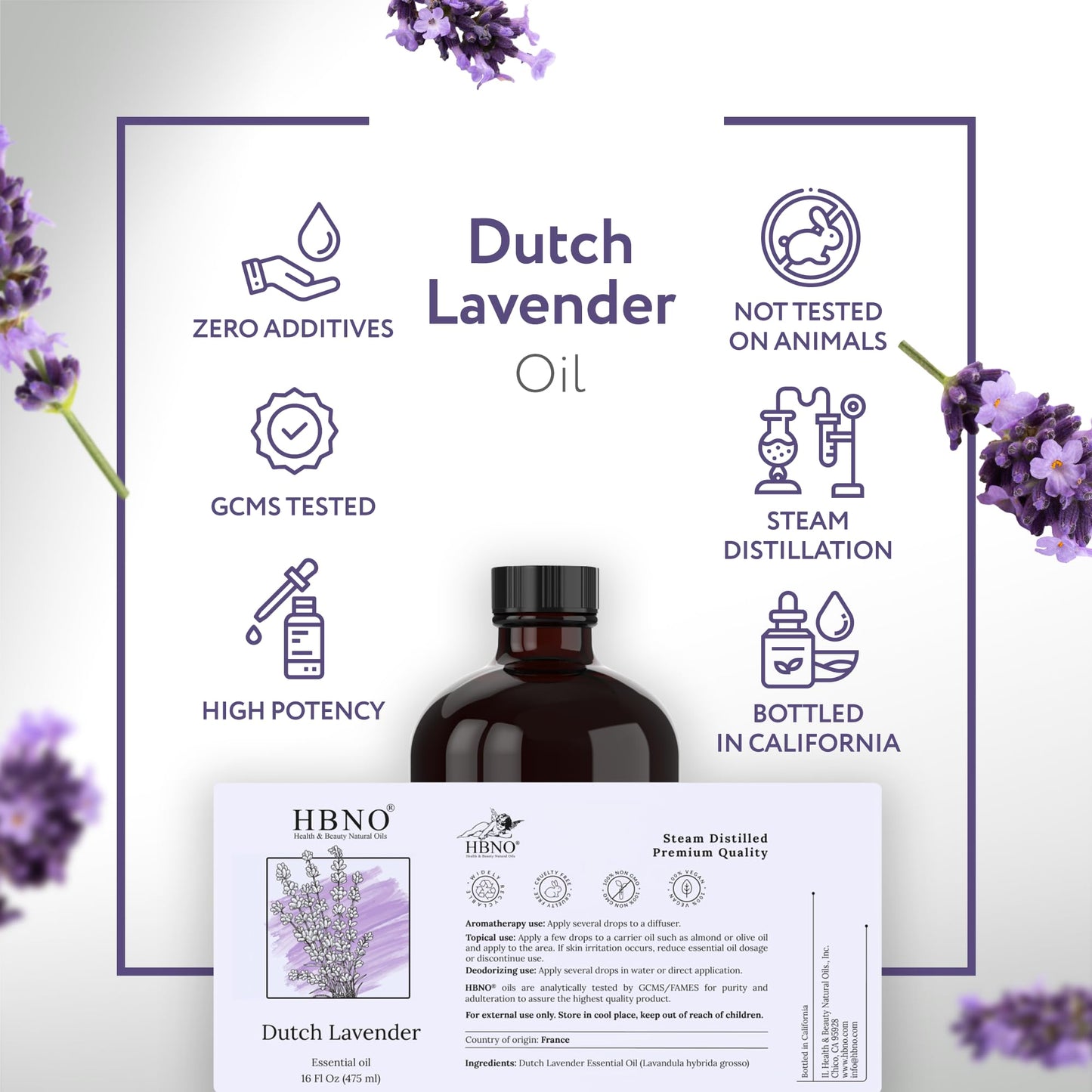 HBNO Lavender Dutch Oil - 16 oz (475 ml) Glass Bottle | Hexane-Free, Cruelty-Free