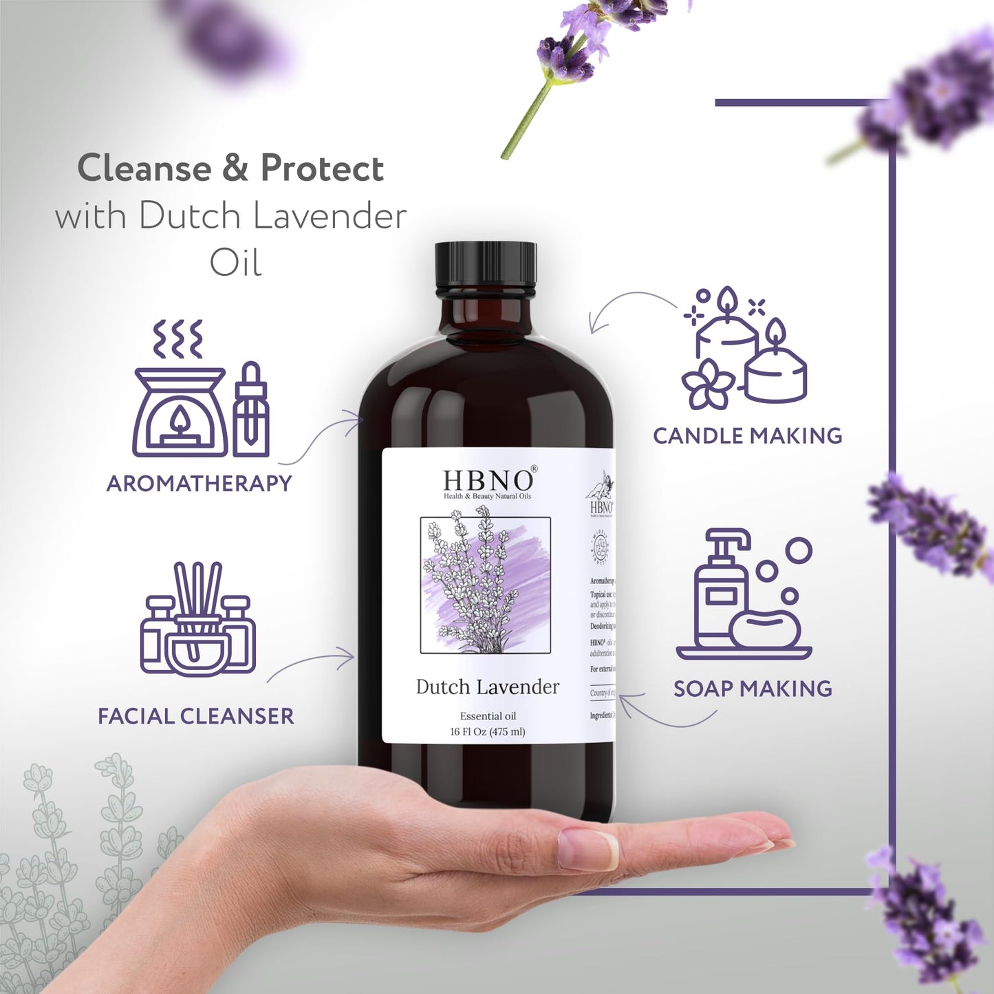 HBNO Lavender Dutch Oil - 16 oz (475 ml) Glass Bottle | Hexane-Free, Cruelty-Free