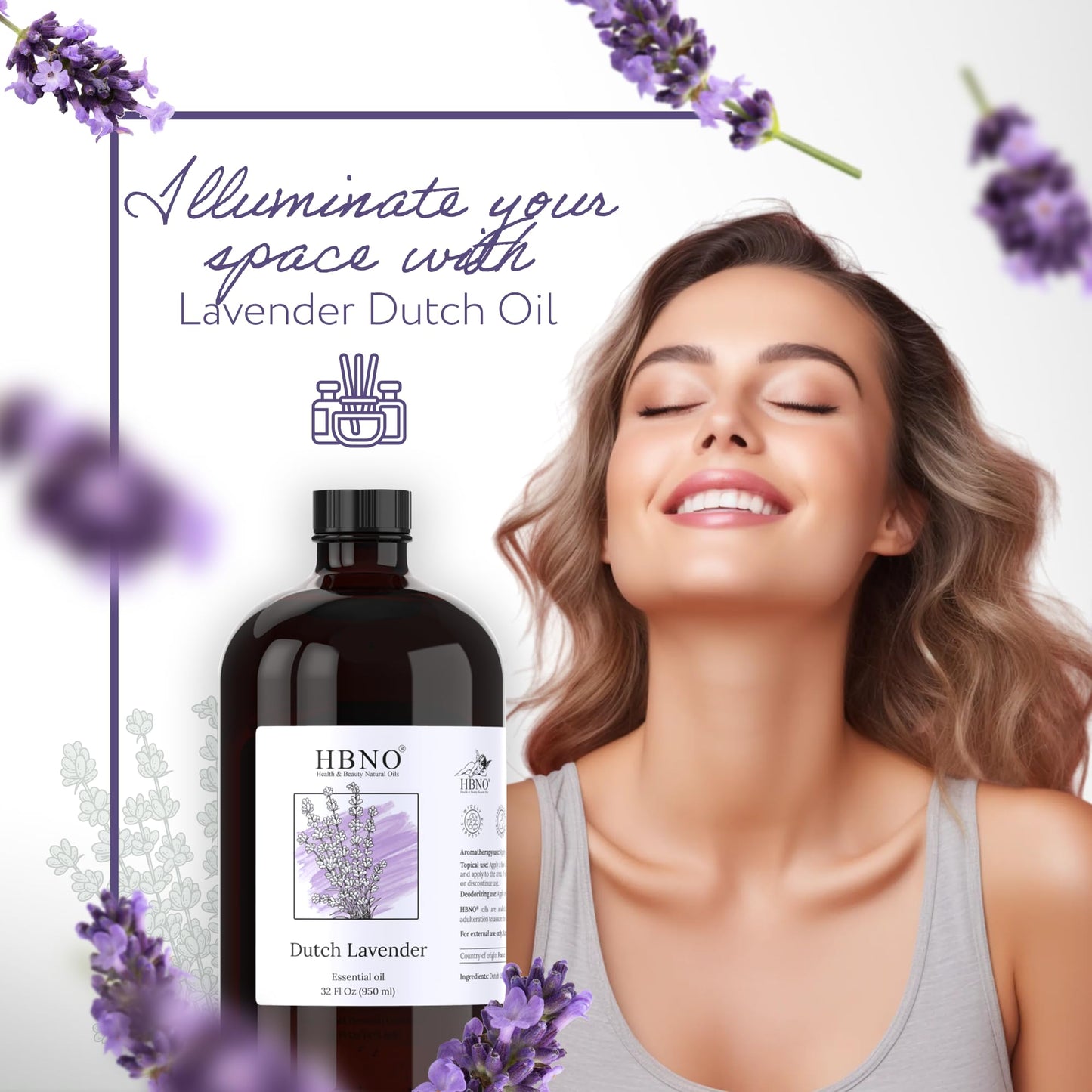 HBNO Lavender Dutch Oil - 32 oz (950 ml) Large Size - Ideal for Shampoos, Conditioners, Mouth Washes, Face Wash, Lotions, and Skin Care (Glass Bottle)