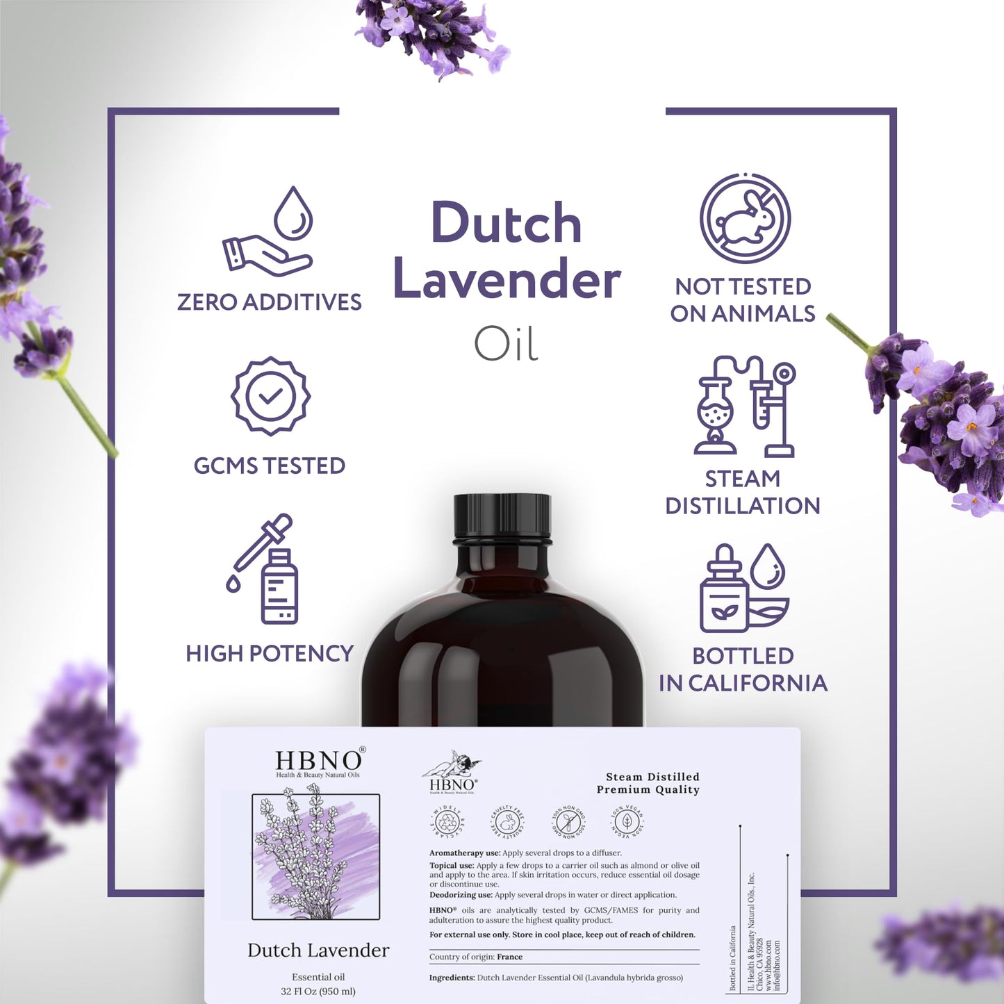 HBNO Lavender Dutch Oil - 32 oz (950 ml) Large Size - Ideal for Shampoos, Conditioners, Mouth Washes, Face Wash, Lotions, and Skin Care (Glass Bottle)
