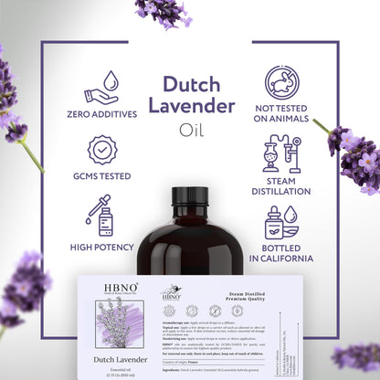 HBNO Lavender Dutch Oil - 32 oz (950 ml) Large Size - Ideal for Shampoos, Conditioners, Mouth Washes, Face Wash, Lotions, and Skin Care (Glass Bottle)