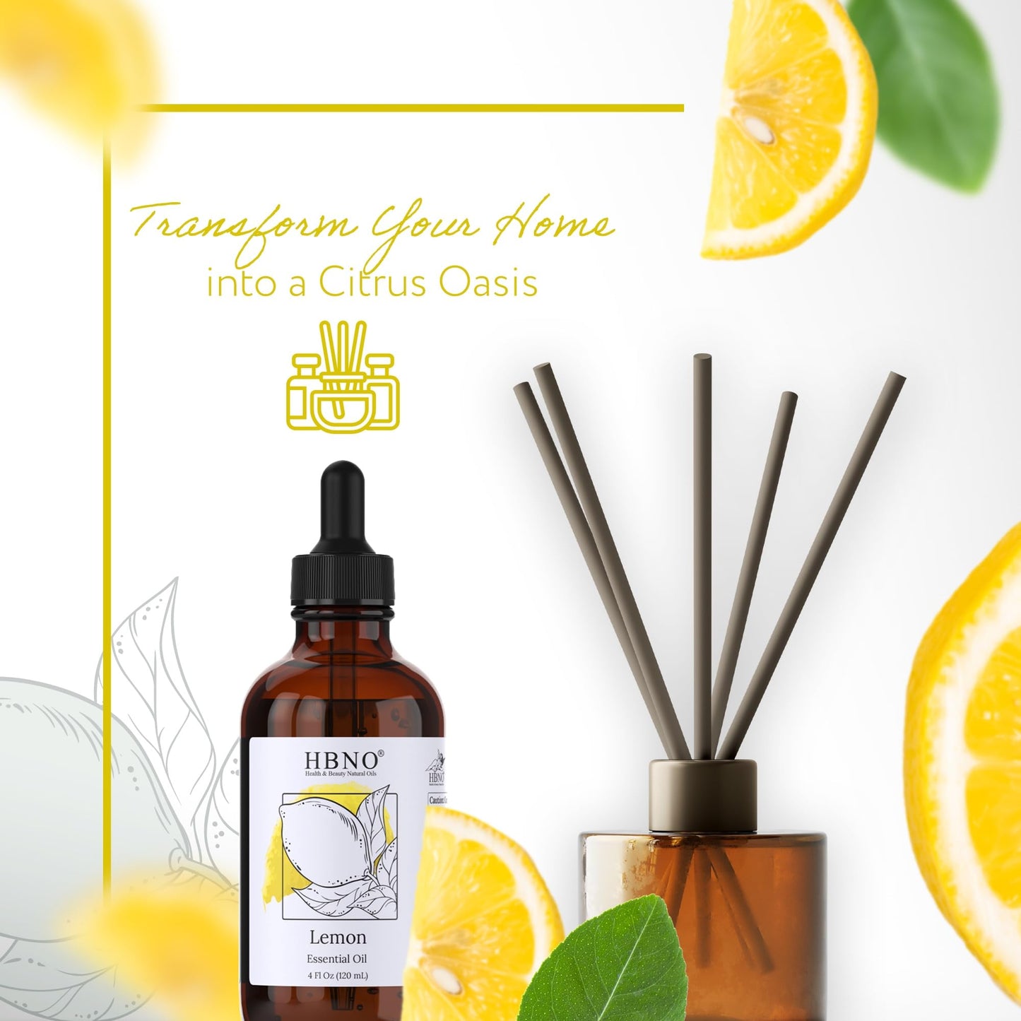 HBNO California Bottled Lemon Essential Oil 4 oz (120 ml) - Premium Grade, Cold-Pressed, Ideal for Cleaning
