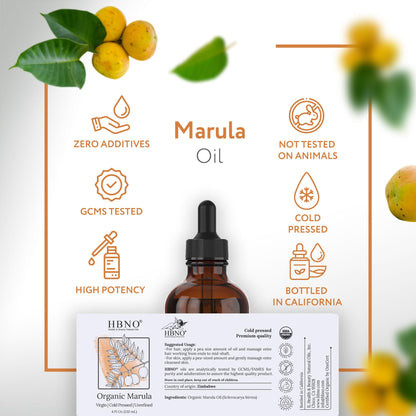 HBNO Organic Marula Oil – 4 oz (120 ml), USDA Certified Organic, Cold-Pressed for Face, Body, Lips & Hair
