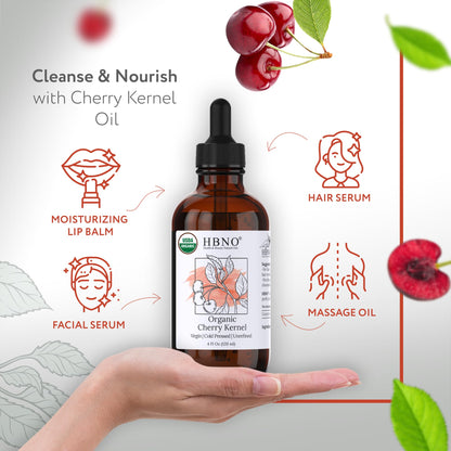 HBNO Organic Cherry Kernel Oil - 4 OZ | Cold-Pressed Carrier Oil for Skin, Hair & DIY