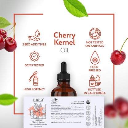 HBNO Organic Cherry Kernel Oil - 4 OZ | Cold-Pressed Carrier Oil for Skin, Hair & DIY