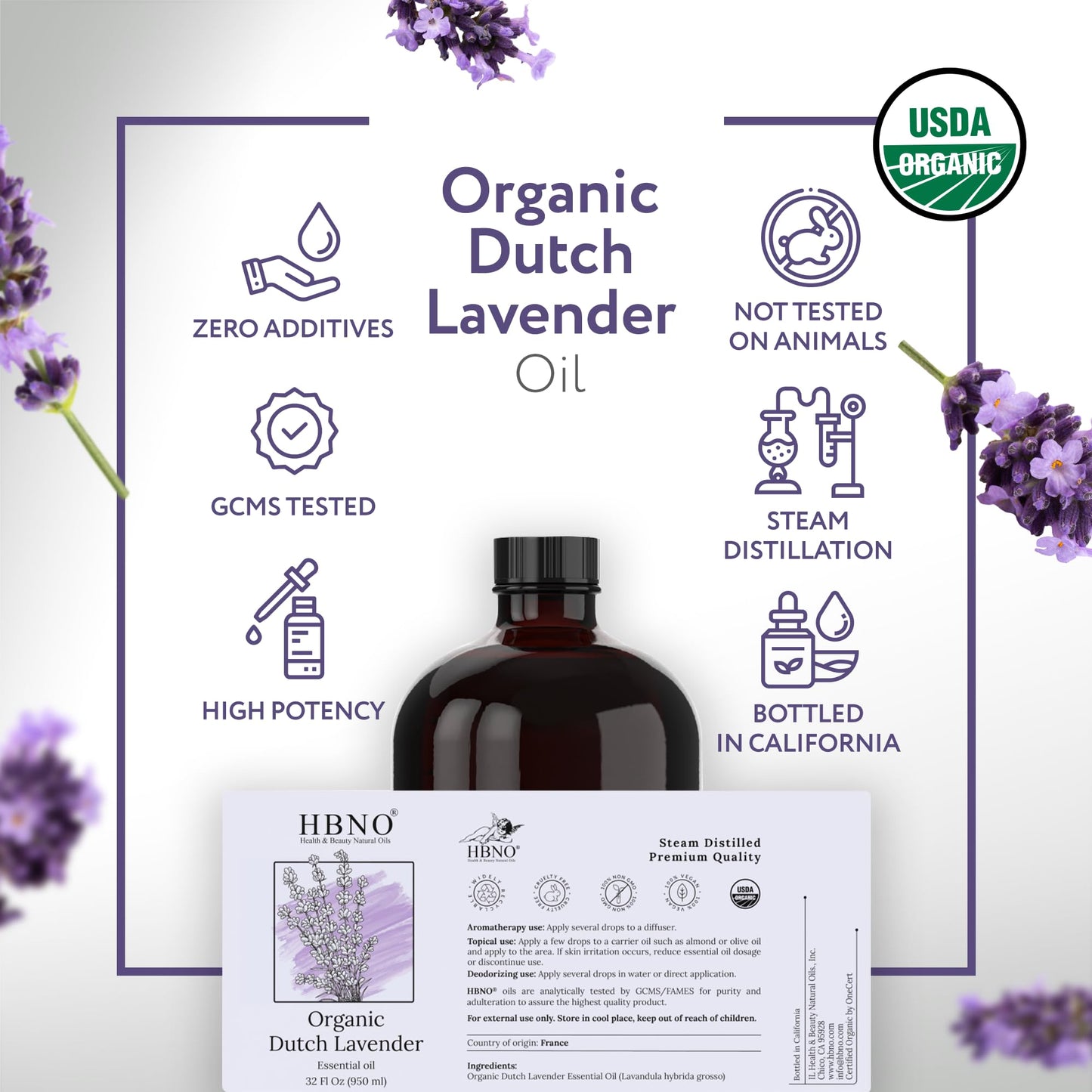 HBNO Organic Lavender Dutch Oil - 32 oz Glass Bottle, USDA Organic