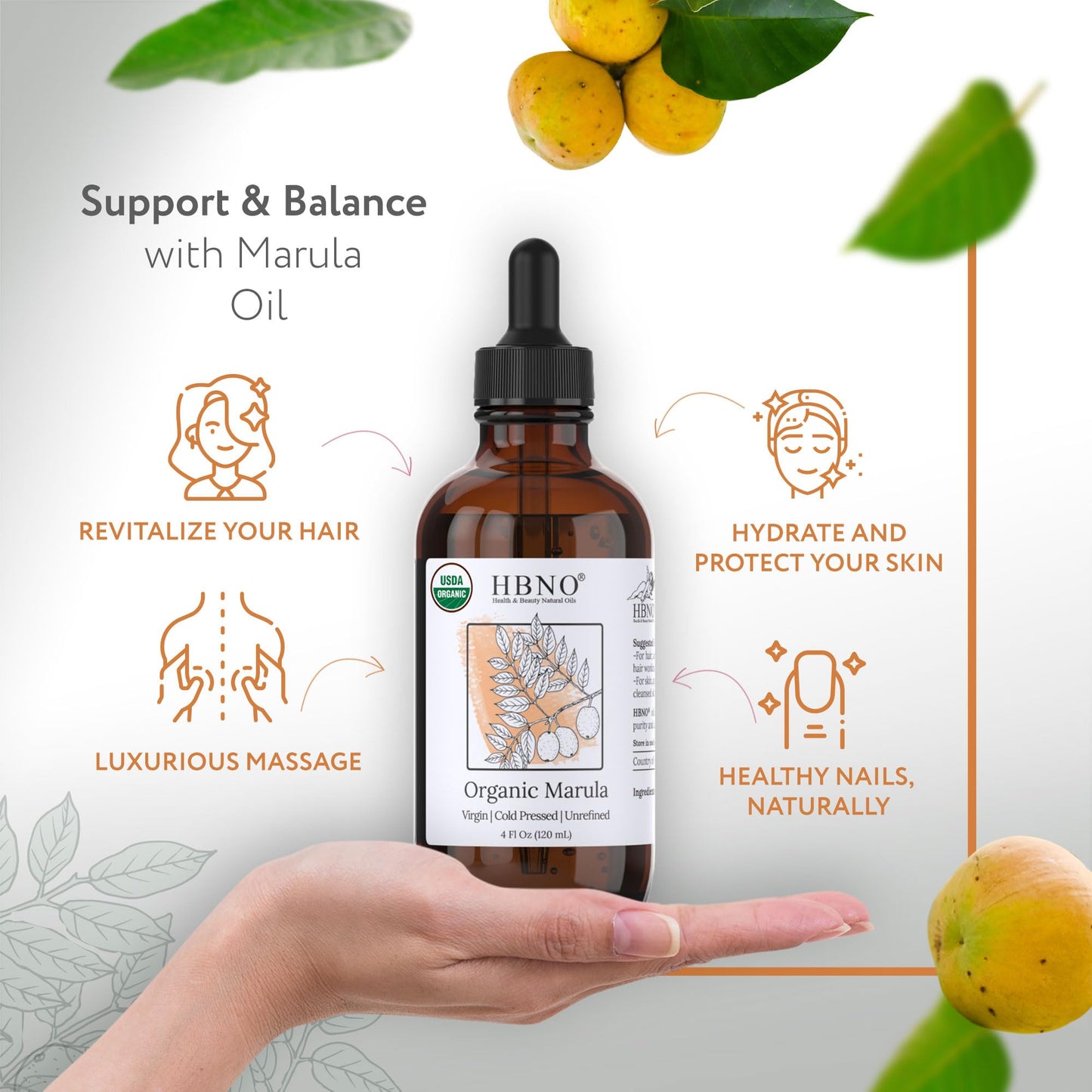 HBNO Organic Marula Oil – 4 oz (120 ml), USDA Certified Organic, Cold-Pressed for Face, Body, Lips & Hair