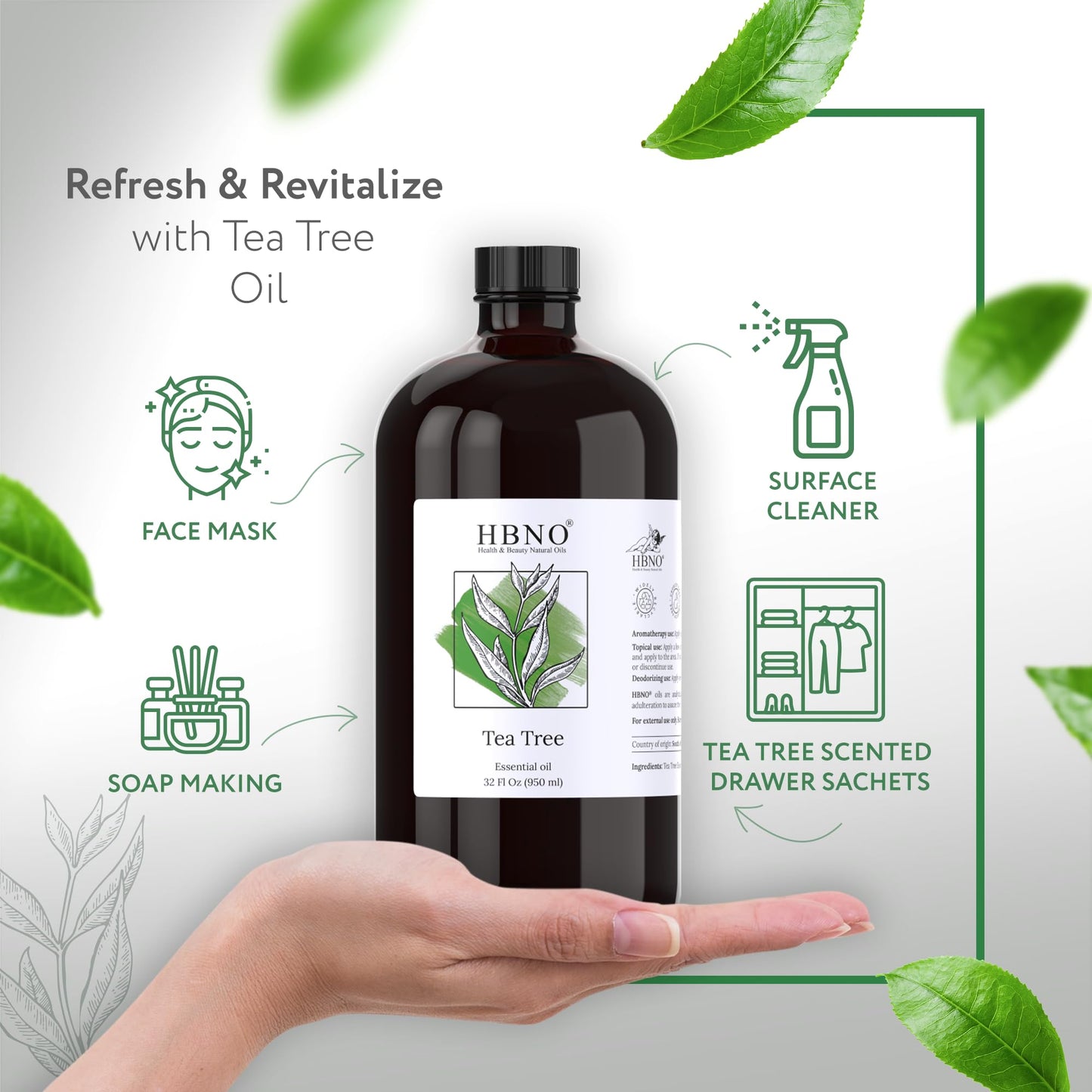 HBNO Tea Tree Oil 32 oz (950 ml) Glass Bottle – Diffusers, Cleaning, Deodorizers & Flavoring