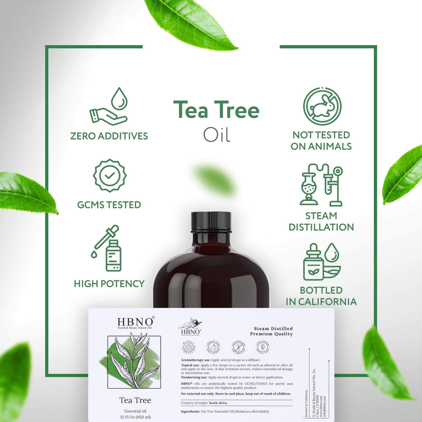 HBNO Tea Tree Oil 32 oz (950 ml) Glass Bottle – Diffusers, Cleaning, Deodorizers & Flavoring
