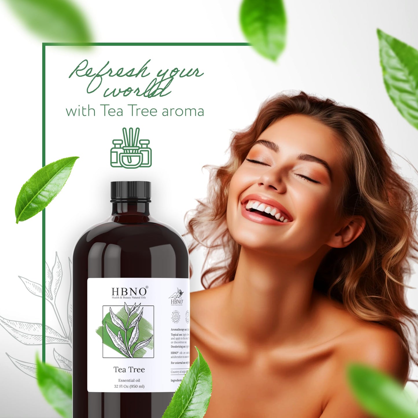 HBNO Tea Tree Oil 32 oz (950 ml) Glass Bottle – Diffusers, Cleaning, Deodorizers & Flavoring