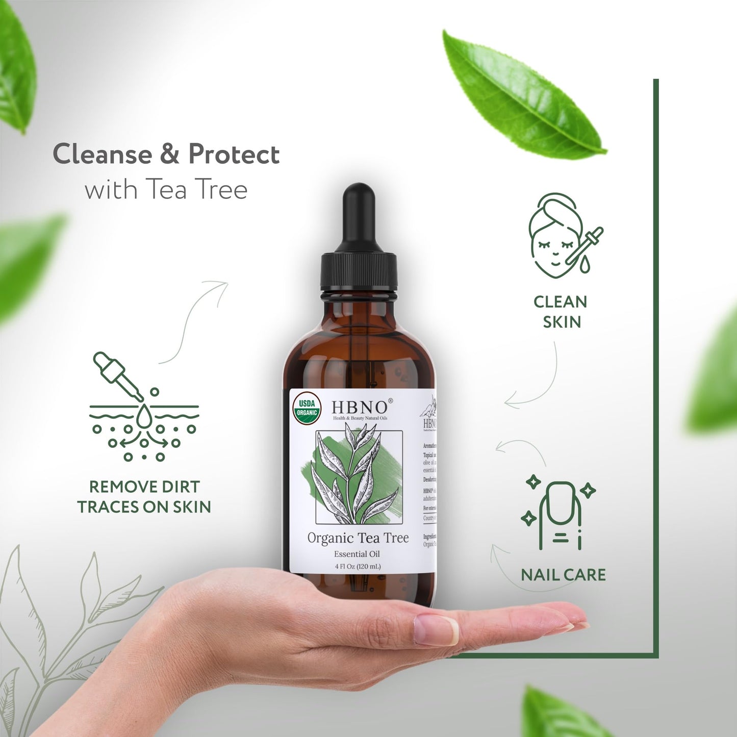 HBNO California Organic Tea Tree Oil for Skin & Hair - 4 fl oz (120 ml) | USDA Certified Organic