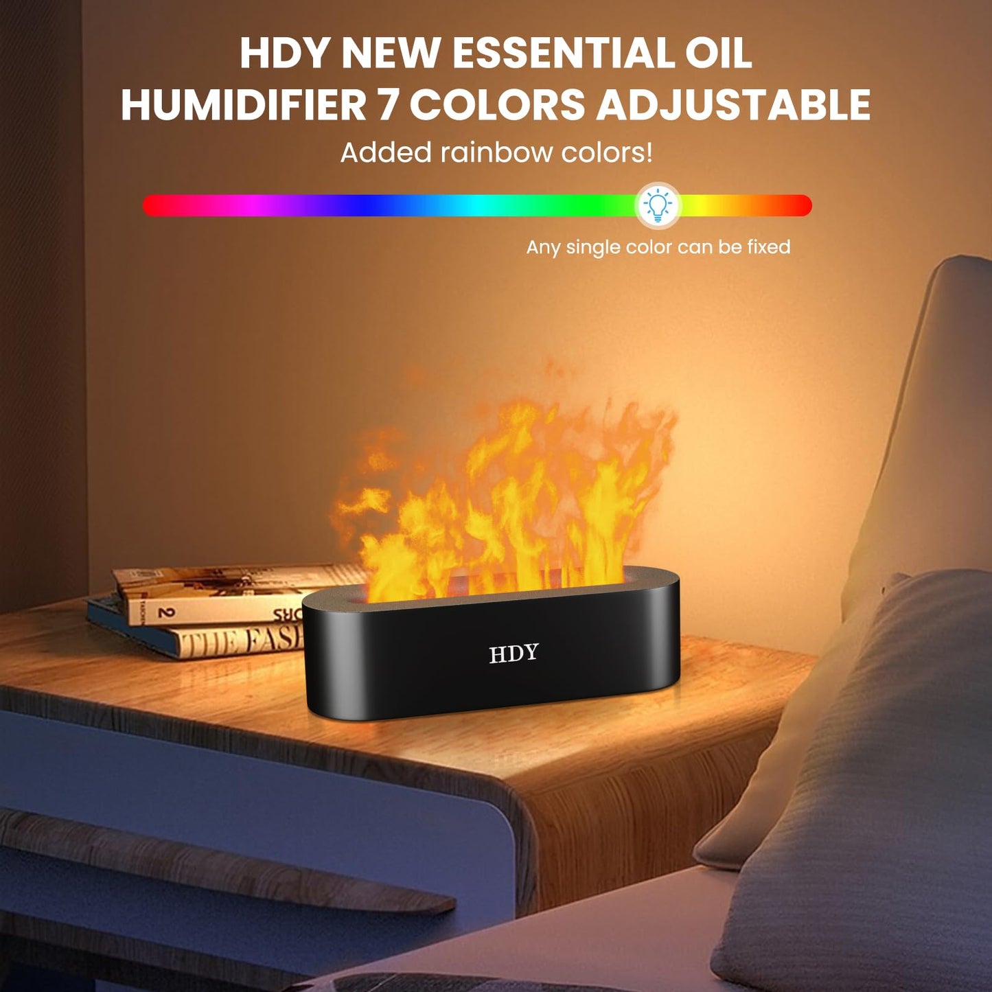HDY 7 Color Flame Ultrasonic Humidifier | LED Diffuser, 150ml, Auto Shut-Off (Glossy Black)