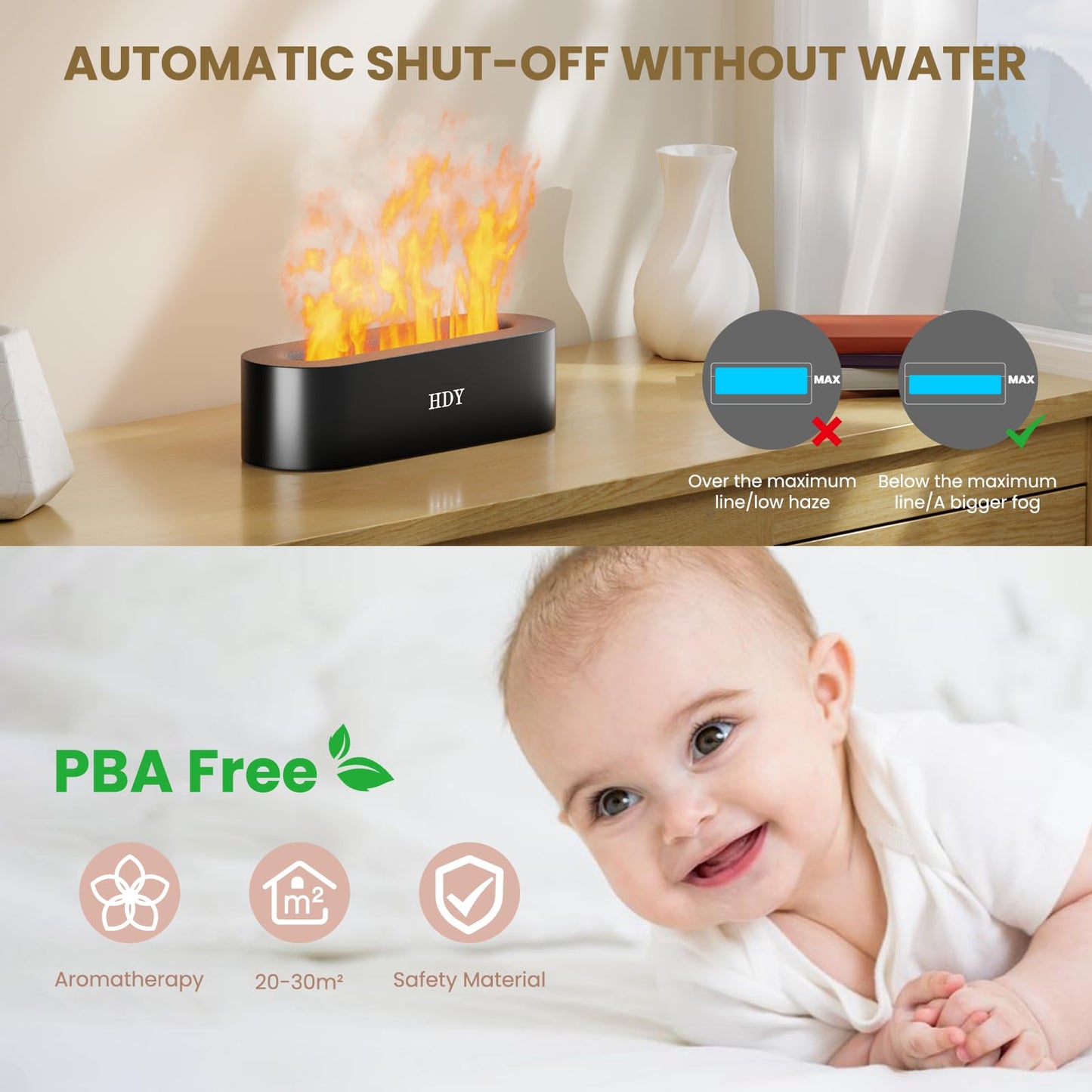 HDY 7 Color Flame Ultrasonic Humidifier | LED Diffuser, 150ml, Auto Shut-Off (Glossy Black)