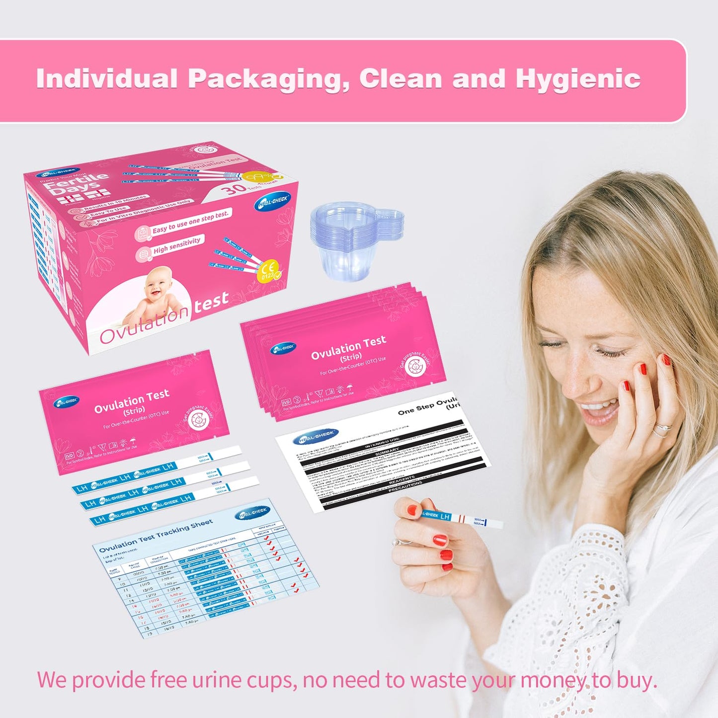HEAL-CHECK 30 Count Ovulation Test Strips with Cups - Bulk LH Ovulation Predictor Kit