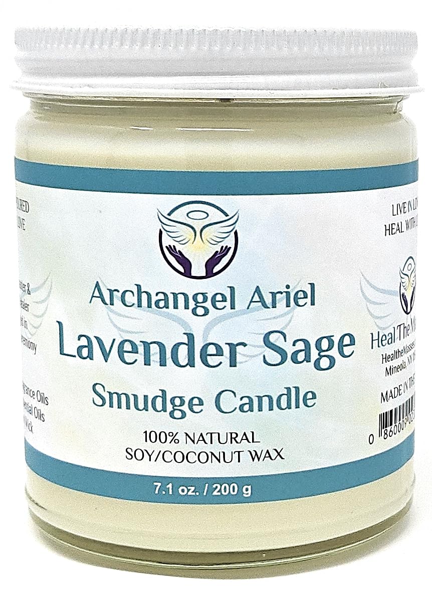 Heal The Masses Lavender Sage Candle - Archangel Ariel Candle for Chakra Healing & Energy Cleansing - Reiki Charged White Sage Candle (7 oz)