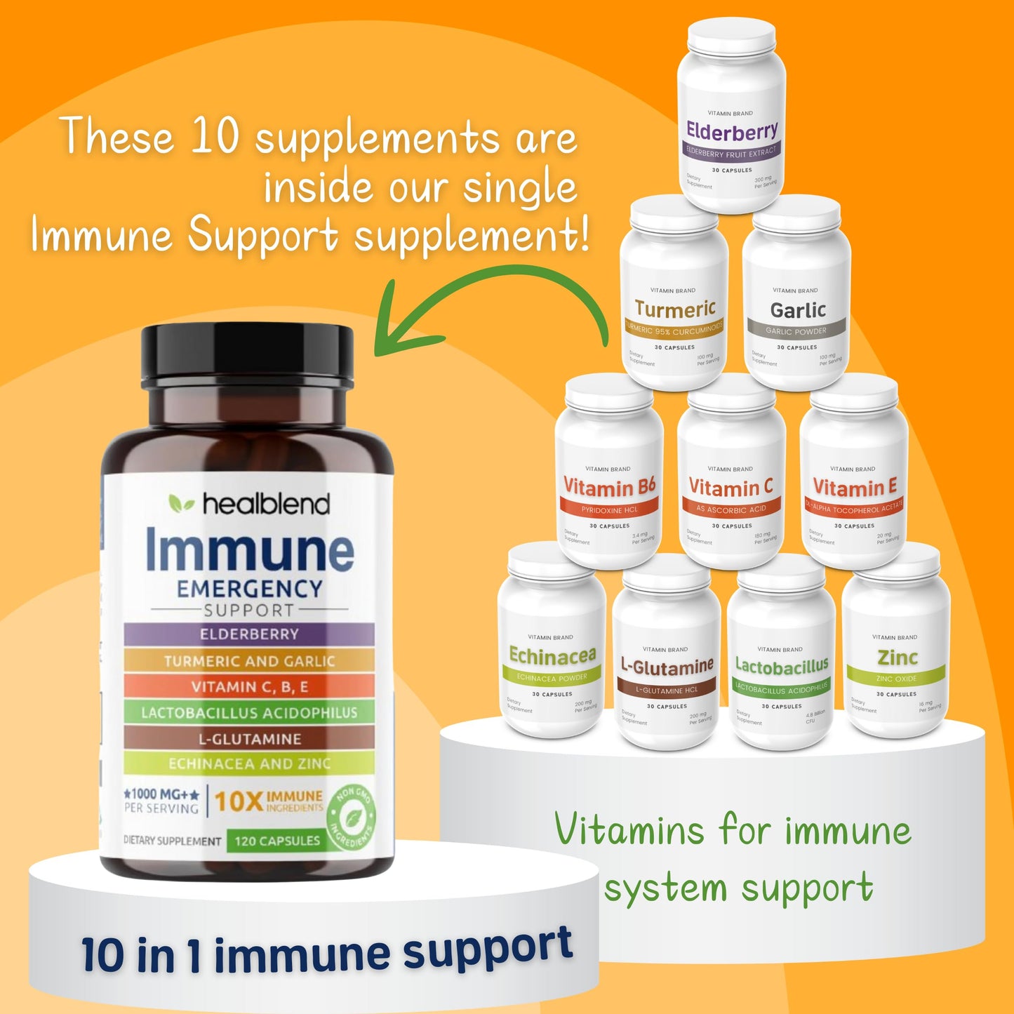 HealBlend 10 in 1 Immune Support Supplement Booster – Elderberry, Zinc, Echinacea, Turmeric, Probiotics | Adults 120 Capsules