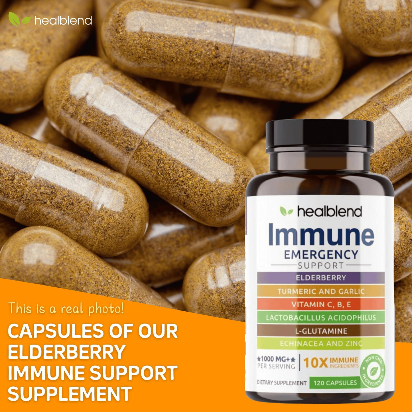 HealBlend 10 in 1 Immune Support Supplement Booster – Elderberry, Zinc, Echinacea, Turmeric, Probiotics | Adults 120 Capsules