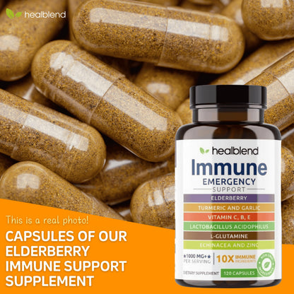 HealBlend 10 in 1 Immune Support Supplement Booster – Elderberry, Zinc, Echinacea, Turmeric, Probiotics | Adults 120 Capsules