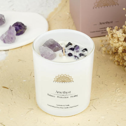 Healing Crystal Candle – Amethyst & Clear Quartz, Lavender & Vanilla, 10oz Jar