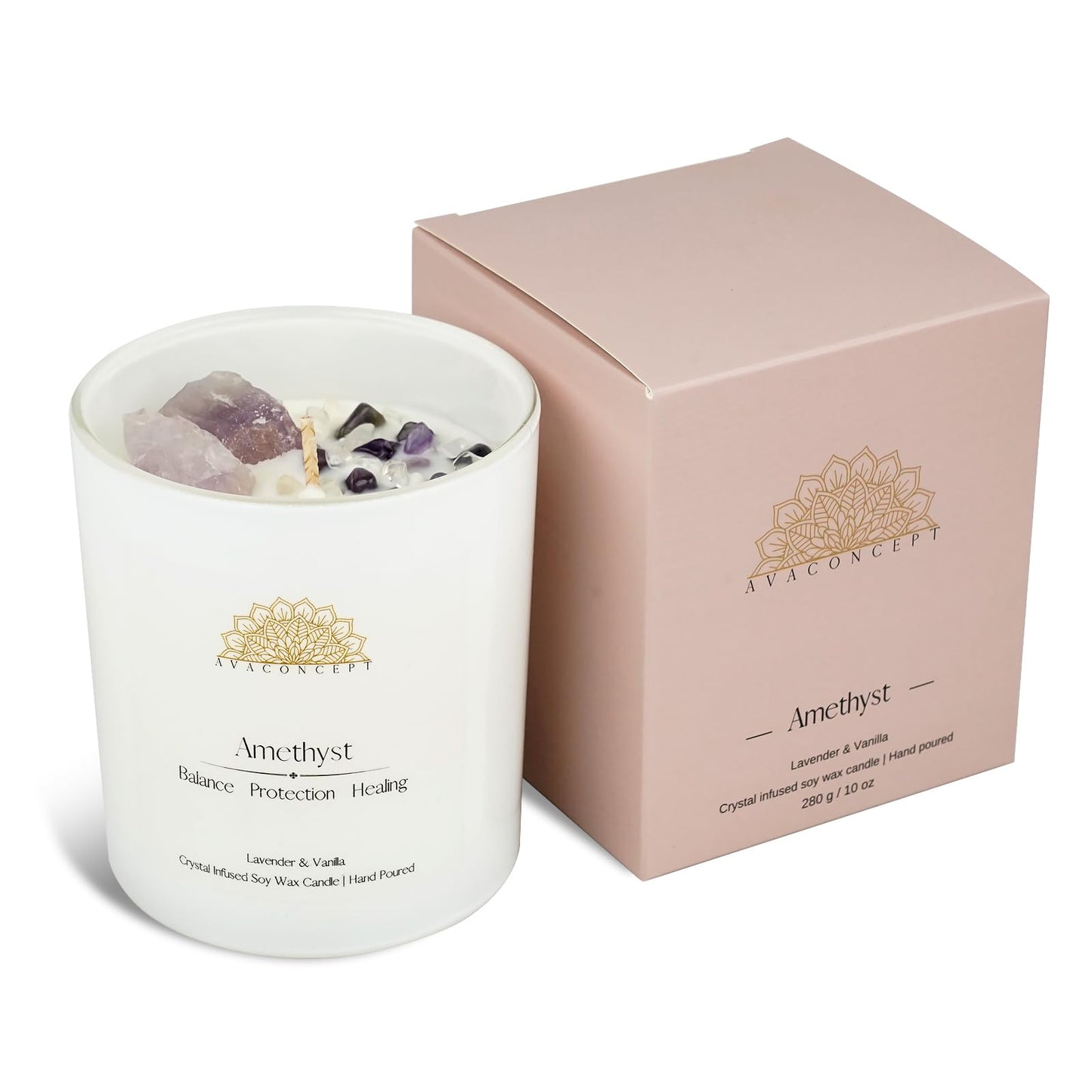 Healing Crystal Candle – Amethyst & Clear Quartz, Lavender & Vanilla, 10oz Jar