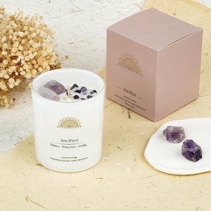 Healing Crystal Candle – Amethyst & Clear Quartz, Lavender & Vanilla, 10oz Jar