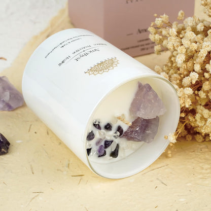 Healing Crystal Candle – Amethyst & Clear Quartz, Lavender & Vanilla, 10oz Jar